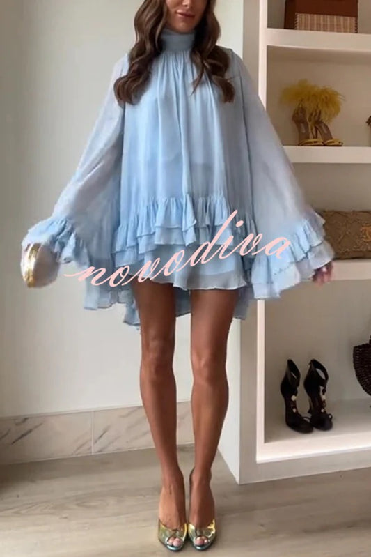Solid Color Chiffon Trumpet Sleeve Loose Mini Dress