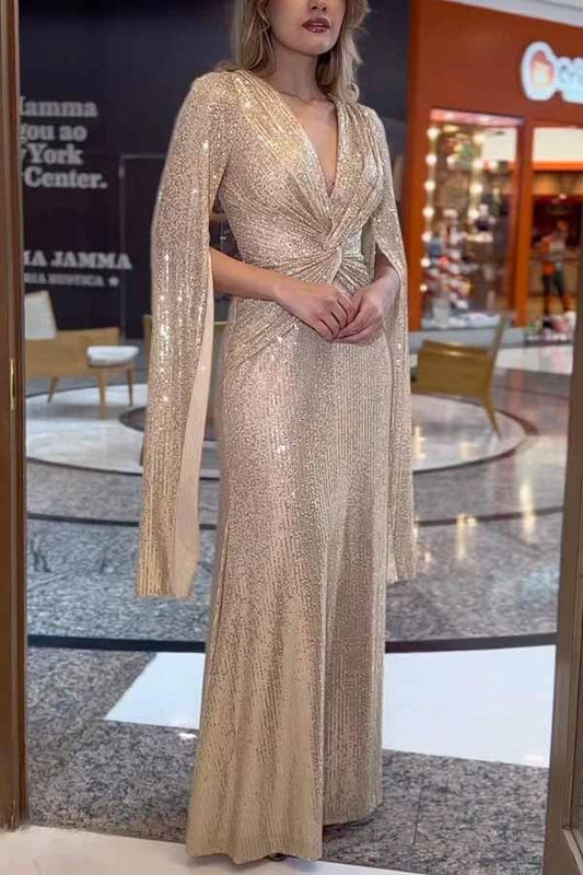 Shine Brighter Sequin Cape Sleeve Cross Waist Evening Maxi Dress JJ25891-GO-S
