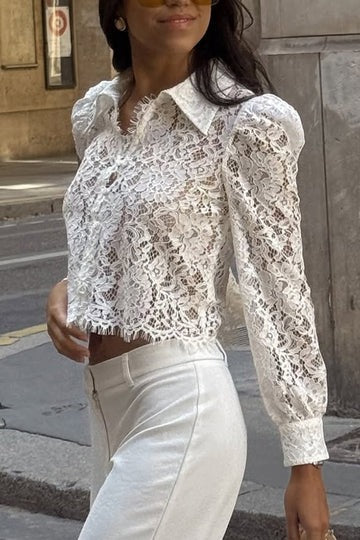 Paris Trends Floral Lace Puff Shoulder Button Long Sleeve Blouse